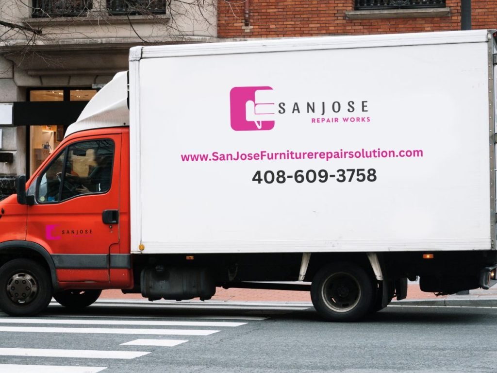 A delivery truck with "San Jose Repair Works" branding, featuring contact details and a website for furniture repair services.