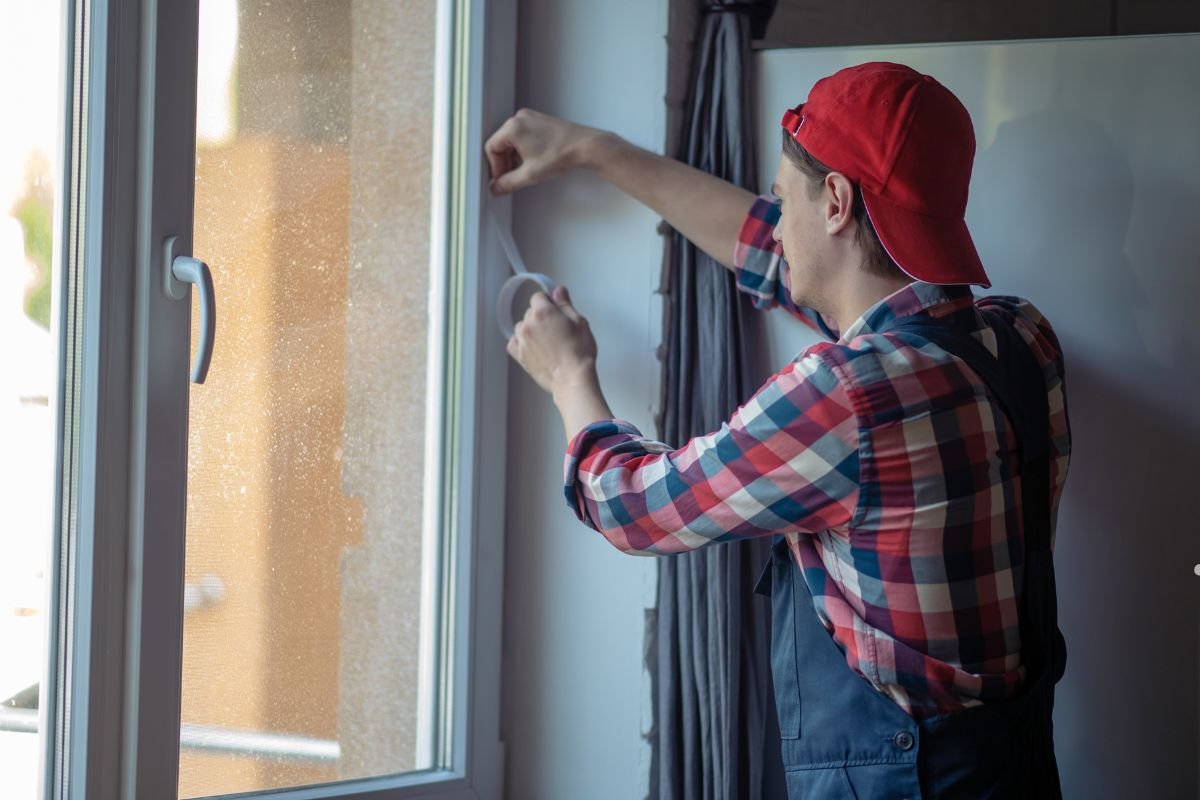 A person in a red cap and plaid shirt applies tape to a window frame in a well-lit room, enhancing interior decor.