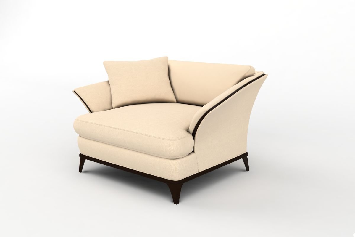 A chair featuring a beige cushion and sturdy wooden legs, designed for comfort and style in any room.