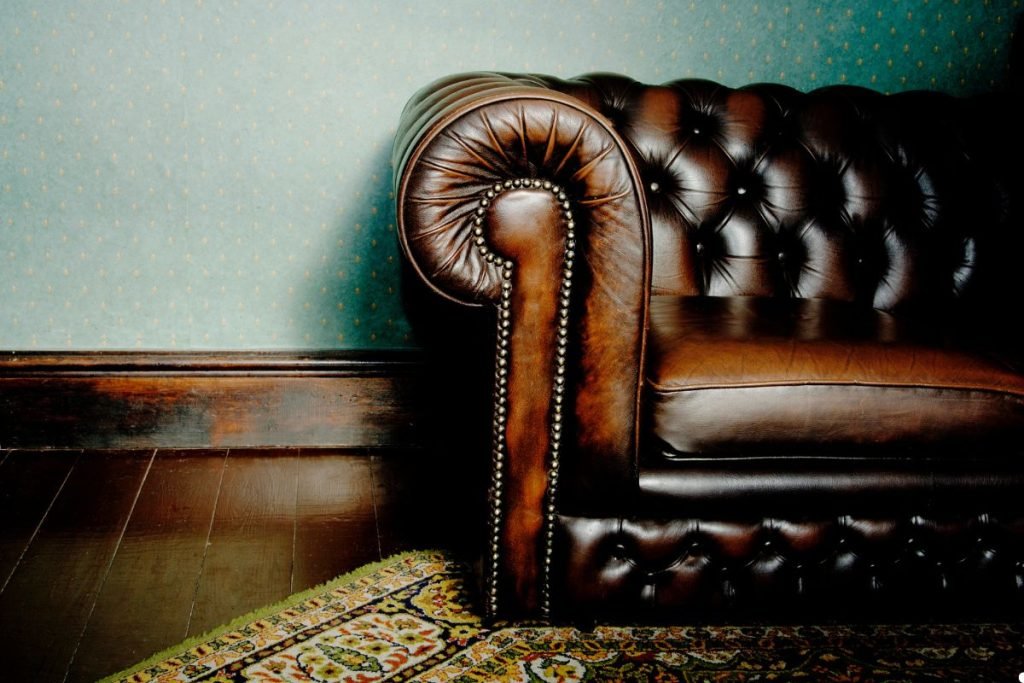 A brown leather couch with a sleek design, featuring plush cushions and a modern aesthetic in a cozy living room setting.