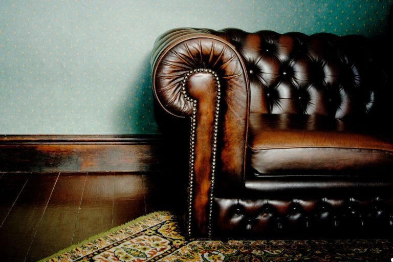 A brown leather couch with a sleek design, featuring plush cushions and a modern aesthetic in a cozy living room setting.